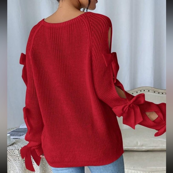 Classic Bow Cut Out Long Sleeve Sweater Top Holiday Christmas - Picture 7 of 16